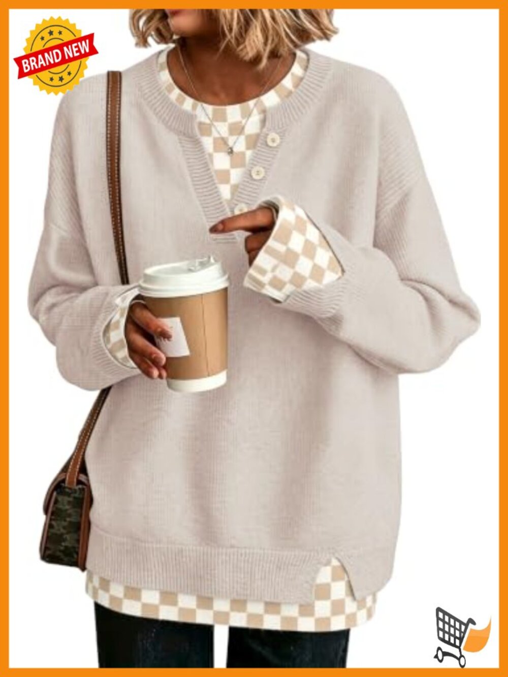 Womens Henley Sweater Pullover Loose Fit Crewneck Side Slit Fall Winter